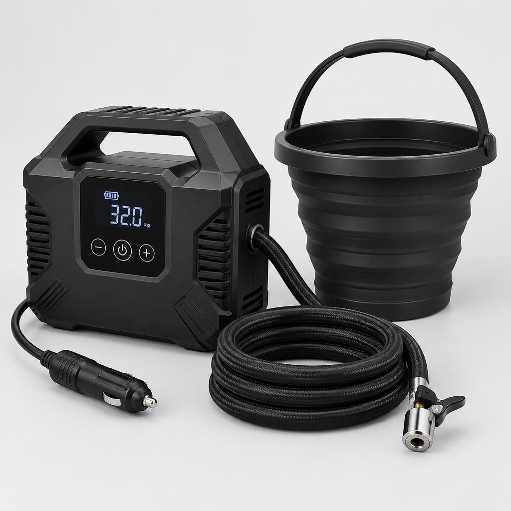 Kit de Neumáticos Rutero | Bomba de Aire 12V Digital + Cubeta Plegable